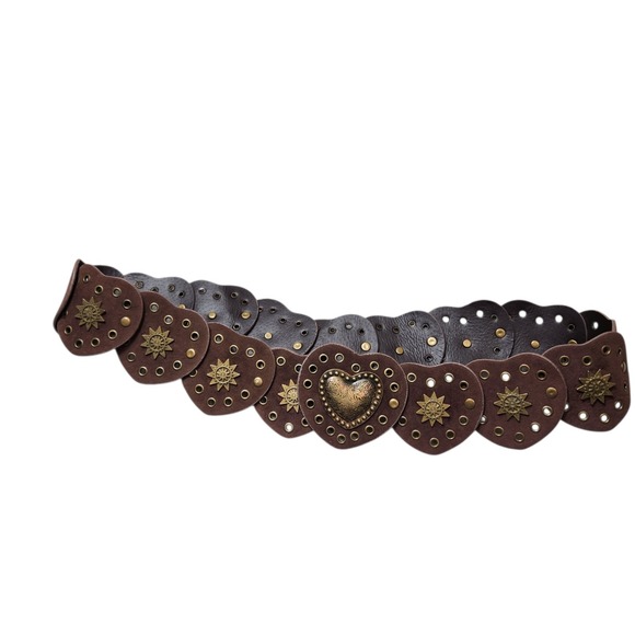 Women's One Size Adjustable Heart Shaped Western Belt Brown Vegan Leather Stars - Picture 3 of 8